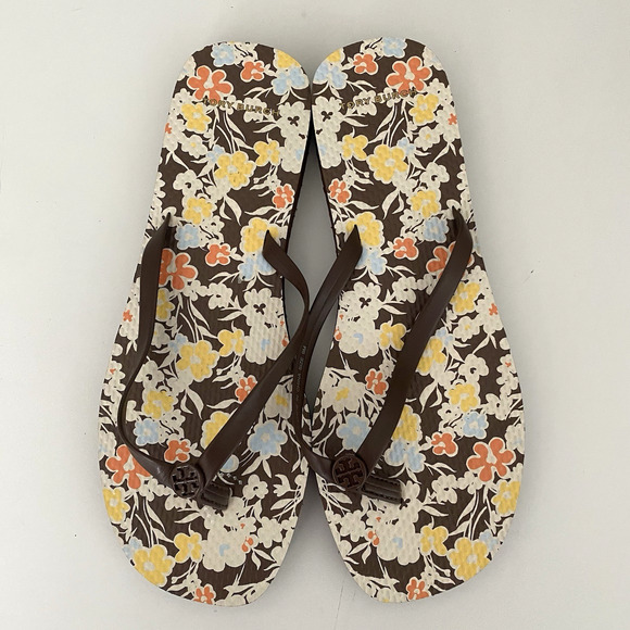 NWOB Tory Burch Soho Reverie Walnut Brown Floral Thin Flip Flops Sandal Flat 9 - Picture 5 of 11